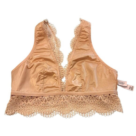 VICTORIA'S SECRET Angel Peach/Cream Long Line Plunge V-Neck Bralette Lace Large - Picture 3 of 5
